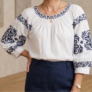 Tommy Hilfiger White Blouse Top with Navy Embroidery 100% Cotton
